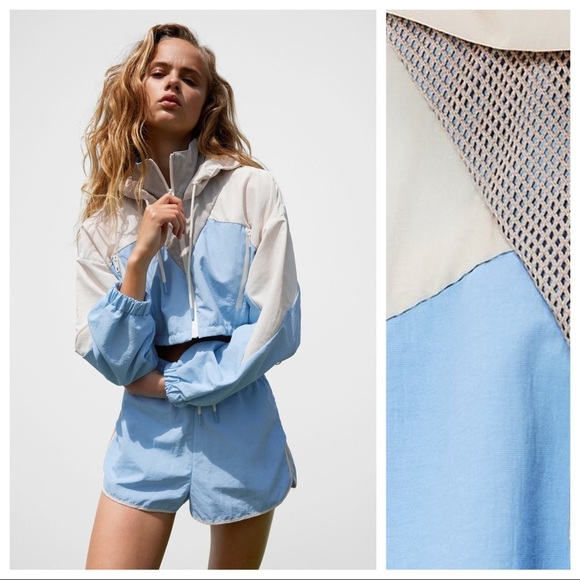 Zara Jackets & Blazers - NWT. Zara Blue/Cream Combination Cropped Raincoat/Windbreaker Jacket. Size M.
